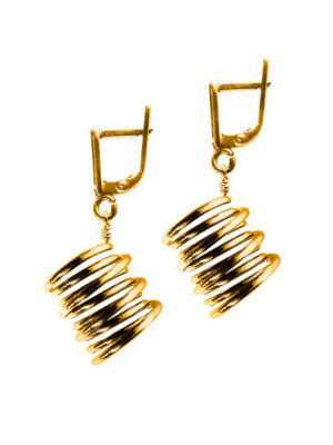Pair of stylish gold earrings on white background