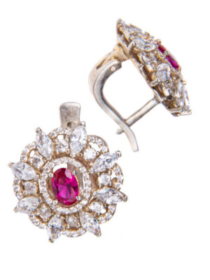 Diamond earrings with pink stone luxury jewerly macro close up